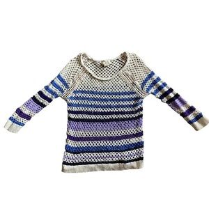 Lucky Brand Stripe Crochet Open Knit Long Sleeve Sweater Medium
